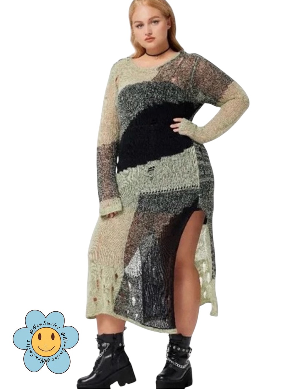 Multi-Color ~ Midi Dress~ Highly Distressed ~ Loose Knit~ Side Slits 3XL ~ Cider